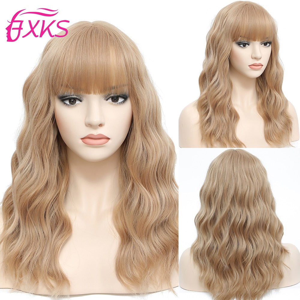 BXOXO Blonde Gold Short Wavy Synthetic Wigs With Bangs Brown Grey Silver Black Color Body Wave Hair Wigs 14Inch 200G For Women FXKS