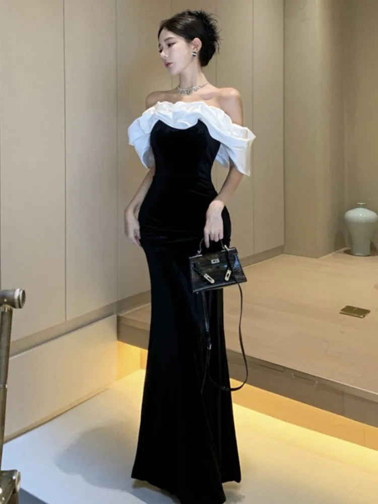 BXOXO Women Sexy Off Shoulder Party Dress New Slim Waist French Patchwork Elegant Lady Maxi Fashion Solid A-line Vestidos Mujers