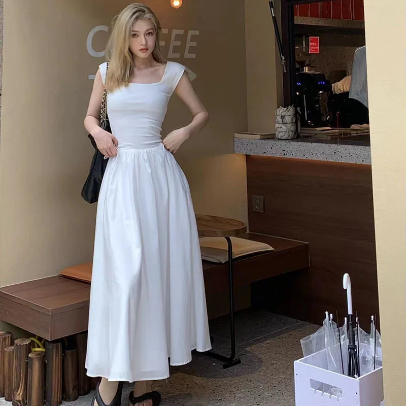 Bxoxo Elegant Stitching Dress Female Korean Chic Square Collar Short Sleeve Beach Party Dress Ladies High Waist All-Match A Line Dress