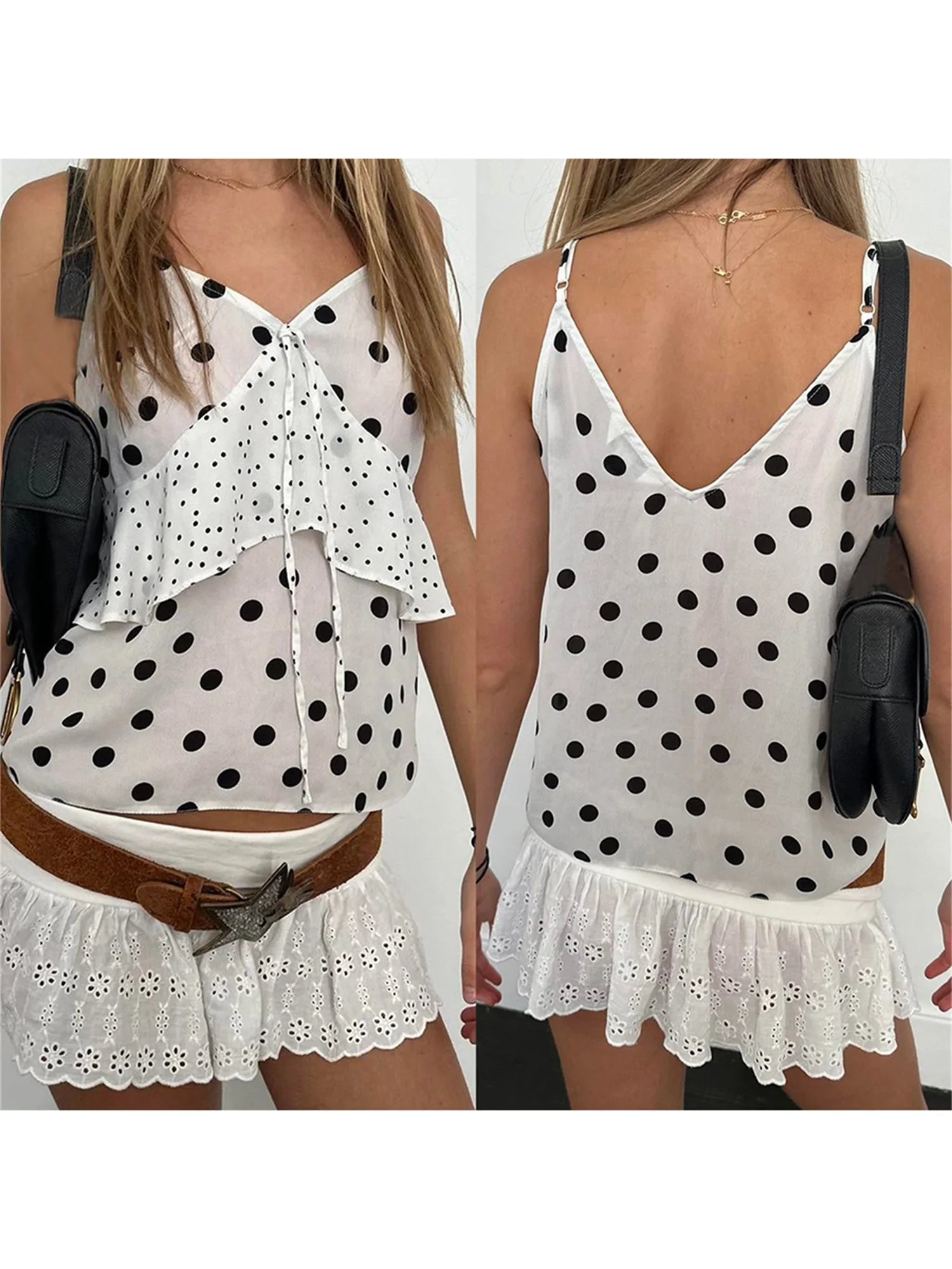 BXOXO Women s Sleeveless Camisole with Polka Dot Print and Tie-Up Front Detail V-Neck Tank Top for Summer Streetwear Fashion