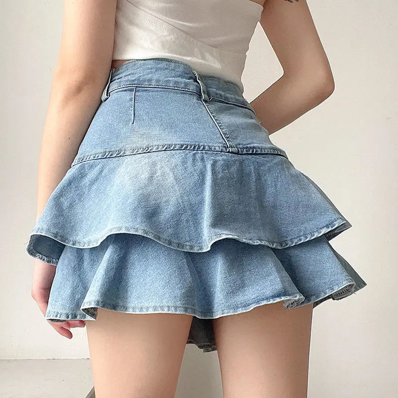 BXOXO Vintage Denim Skirt Shorts Women Summer Korean Fashion High Waist A-line Slim Cute Sexy Mini Jean Ruffle Skirt Female