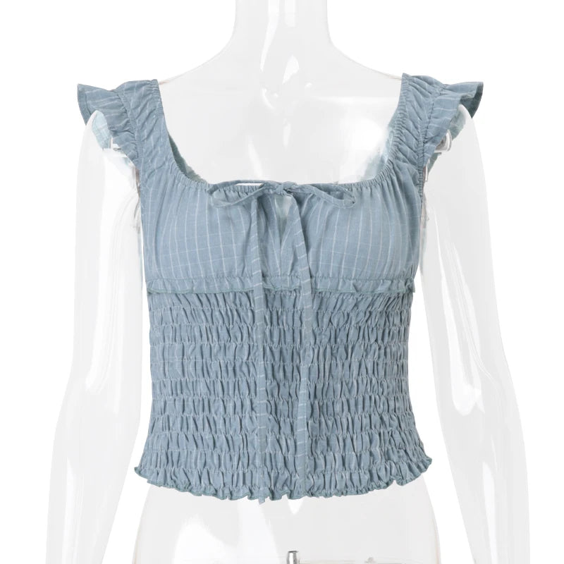 Bxoxo French Pleated Square Neck Bows Bandage Sexy Tank Top Y2K Summer Sweet Cute Daily Fashion Streetwear All-Match Camis