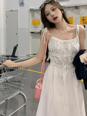 Bxoxo White Summer Strapl Dr Women's Sweet Design Pleated Waist Slimming Svel Long Dr Korean Sle High Waist A-Line...