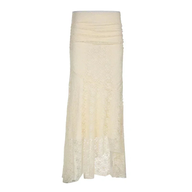 Bxoxo Two Layer Lace Trumpet & Mermaid Long Skirts For Women Vintage Elegant Fashion High Waist Skirt Holiday Outfits