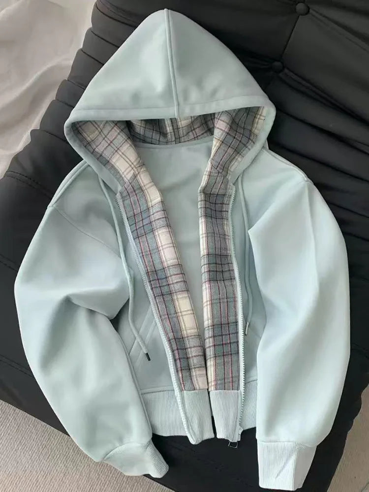 Bxoxo Plaid Patchwork Blue Hoodies Women Sweet Preppy Style Long Sleeve Cute Sweatshirts Loose Casual Vintage Female Korean Tops New