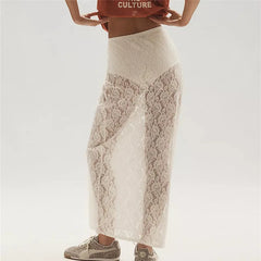 BXOXO Women Flower Sheer Lace Skirt Elastic Waist See Through Beach Cover Up Long Skirt Summer Holiday Party Streetwear