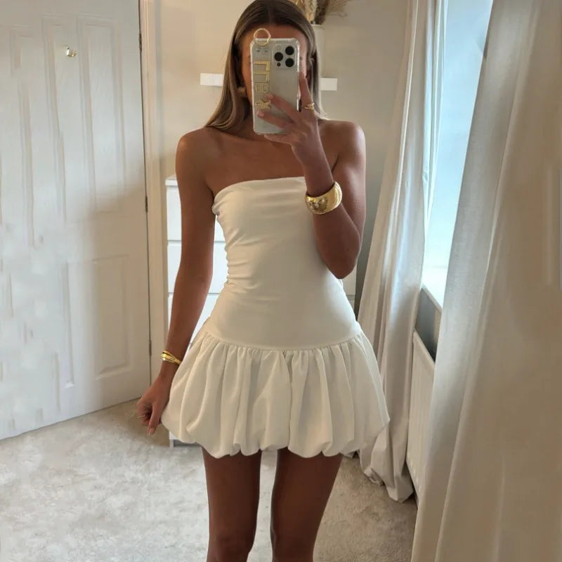 Bxoxo Contrast Color Mini Folds Dress For Women Strapless Sexy Slim Sleeveless Ruched Splice Y2K Beach Female Club Party Dress