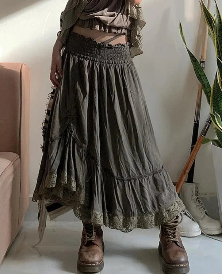 Vintage Grunge Fairycore Long Skirt High Waist Y2K Aesthetics Party A-line Pleated Lace Maxi Skirts Harajuku Mori Girls