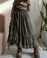 Vintage Grunge Fairycore Long Skirt High Waist Y2K Aesthetics Party A-line Pleated Lace Maxi Skirts Harajuku Mori Girls