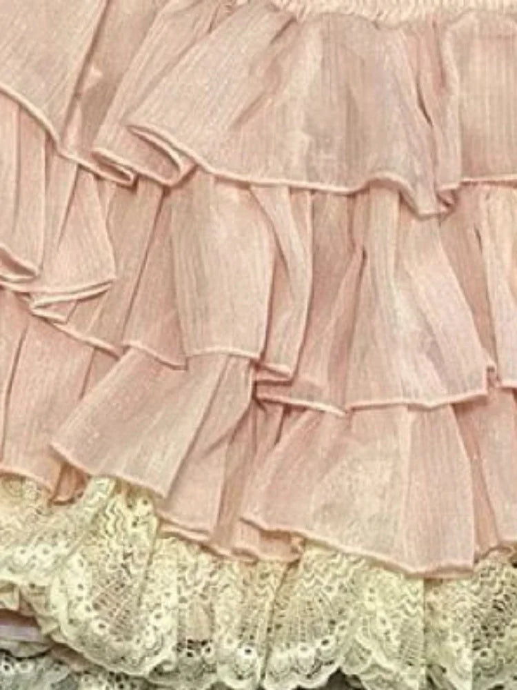 Bxoxo Pink Sweet Lace Patchwork Mini Skirt Women Low Rise Kawaii Lolita Ruffle Dance Skirt Y2K Japanese Streetwear Ruffle Fairy Faldas