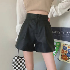 BXOXO Women PU Leather Zipper Shorts Buttons Casual High Waist A-line Shorts Chic Office Loose Trousers For Women Autumn Winter