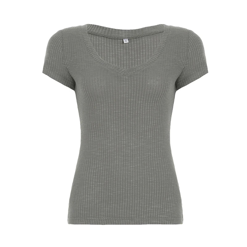 BXOXO Solid Slim-fitting Knitted Crop Top Micro-transparent T-shirt Smock Women Sexy Short Sleeve V-neck Tees Shirt Y2k Vintage