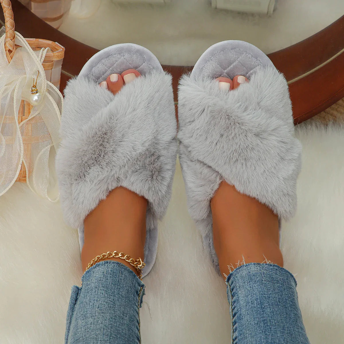 BXOXO Faux Fur Corss Band Fuzzy Slippers Women Winter Warm Plush Indoor Fluffy Shoes Woman Soft Sole Open Toe Home Cotton Slippers