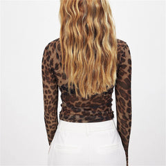 BXOXO Women Sheer Leopard Print Tops Slim Fitted Long Sleeve See Through Mesh Shirts Going Out Y2K Vintage Streetwear