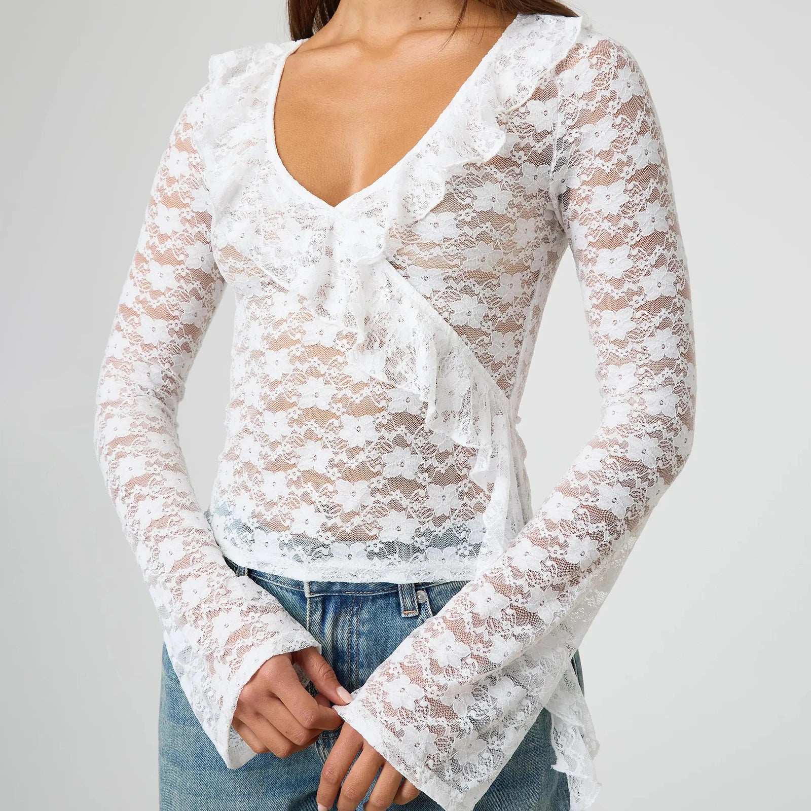 BXOXO Women Long Sleeve T-Shirts Lace Ruffles V-Neck Shirts Spring Summer Slim Fit Casual Tops Y2K Fashion Streetwear