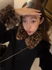 Bxoxo Leopard Fur Collar Patchwork Punk Coat Women Korean Loose Streetwear Fur Jackets Y2K Aesthetic Turn Down Collar Crop Outerwear