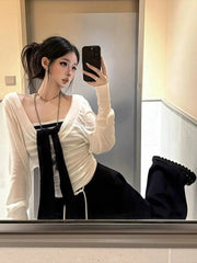 Bxoxo Korean Style Two-piece Set T Shirt Women Elegant Sweet Striped Transparent Tees Fashion Loose Streetwear White Tops