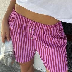 Chic Women Loose Fit Shorts 90s Vintage Striped High Waist Lounge Trousers Y2K Streetwear Summer Pajamas Bottoms Boyshorts