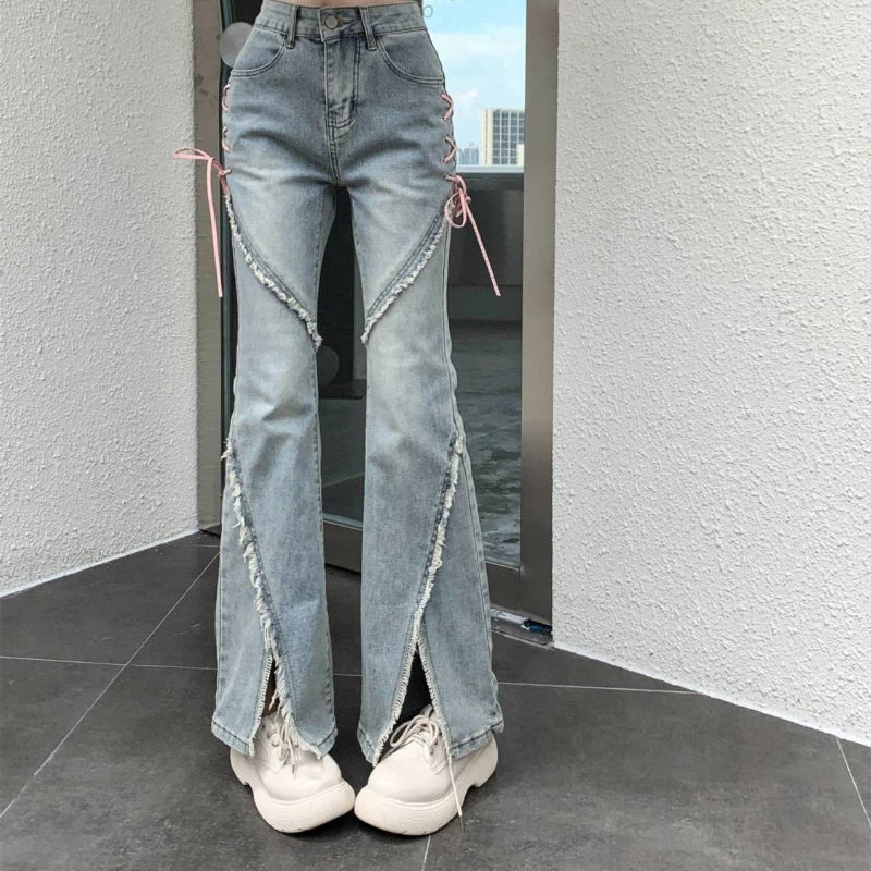 BXOXO American Split Jeans Women Pink Bandage High Waist Irregular Spliced Denim Pants Zipper Fly Trousers Y2k Pantalon Femme