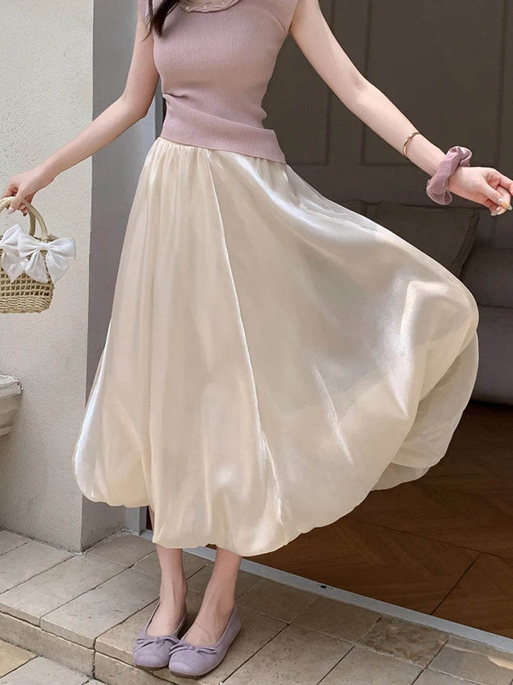 Bxoxo Elegant Stain White Long Skirt Women High Waist Fashion Korean Sweet Skirts Casual Design Summer Gown Ball Long Skirts New