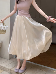 Bxoxo Elegant Stain White Long Skirt Women High Waist Fashion Korean Sweet Skirts Casual Design Summer Gown Ball Long Skirts New