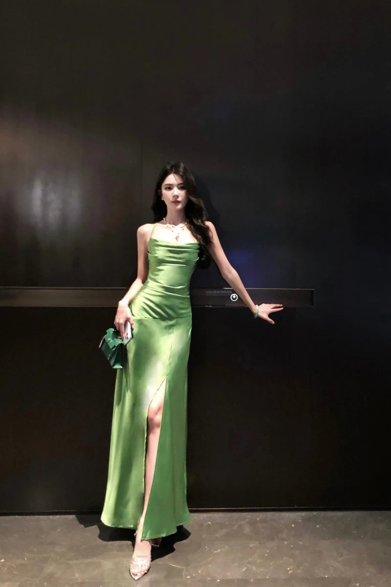 Bxoxo Women's Sexy Party Elegant Pleated Dress 2025 French New Fashion Vacation Evening Solid Satin Split Sleeveless Long Dress Summer