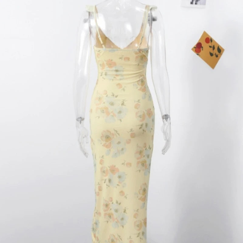 BXOXO Summer Flower Printed Women's Sexy Low-cut Dress Sleeveless Backless Slim Sling Dresses 2025 Beach Vacation Lady Vestidos