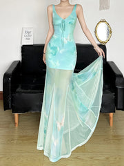 BXOXO Fashion Elegant Butterfly Print Skinny Sheer Trim Trumpet Sleeveless Summer New Mint Manbo Dresses