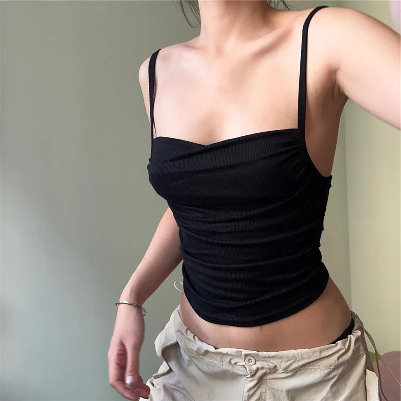 Bxoxo Spaghetti Straps Ruched Tank Top Casual All-matching Low-cut Backless Crop Tops Simple Underwear Bodycon Corsets