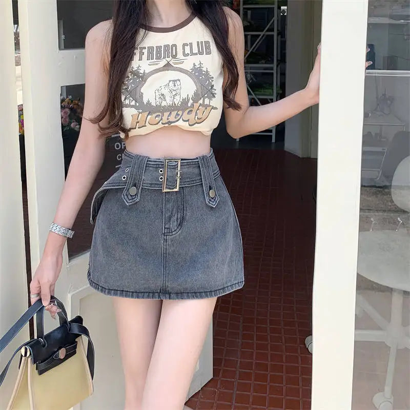 Bxoxo Mini Denim Skirt Women Vintage Sexy High Waist Belt A-line Slim Jeans Skirt Casual Y2K Skort Summer Korean Streetwear