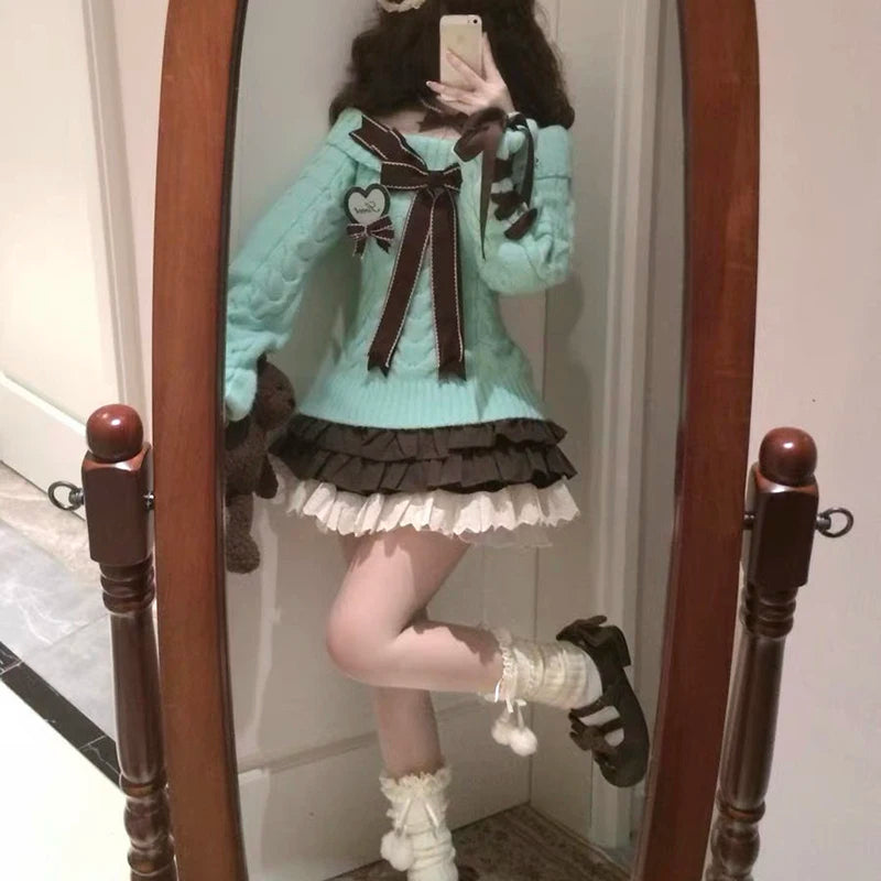 Bxoxo Japanese Sweet Lolita Mini Skirts Women Y2K Kawaii Lace Patchwork Bow Cake Skirt Femme High Waist Preppy All Match A Line Skirts