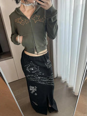 Bxoxo Black Gothic Long Skirt Women Japanese Style Harajuku Y2k Print Skirts Vintage 2000s Streetwear A-line Skirts Aesthetic