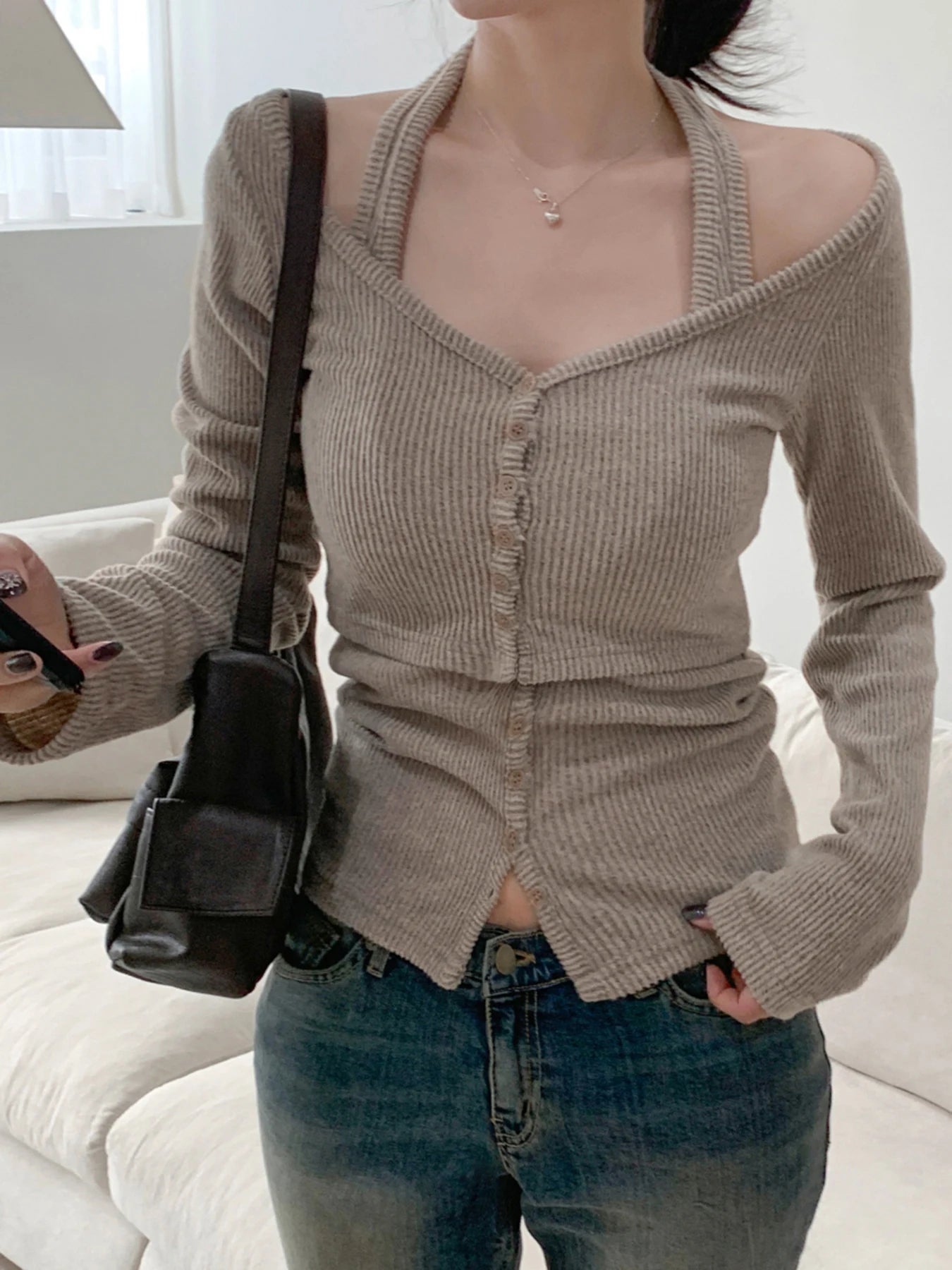 Bxoxo Fashion 2 Piece Set Women’s Halter Top Tee Long Sleeves Korean Style Office Lady Simple All-Match Blouses