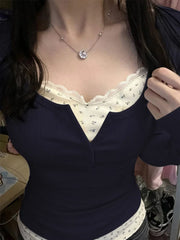 BXOXO Fashion Lace Floral Fake Two Piece T-shirts Y2k E-Girl Slim Fit Long Sleeve Tee Shirt 2025 Spring New Bottoming Tops Women