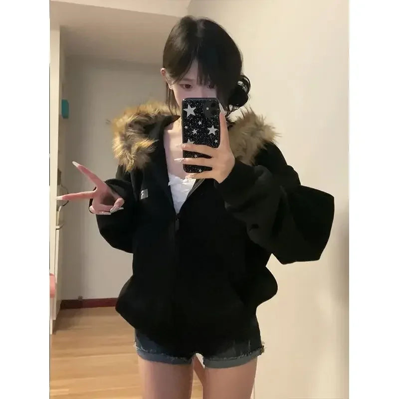 BXOXO Black Zip Up Hoodies Women Vintage Preppy Style Faux Fur Coat Korean Oversized Casual Sweatshirt Harajuku Autumn Winter