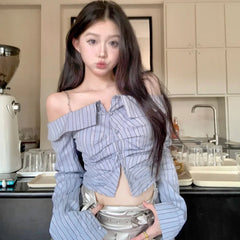 BXOXO French fashion and elegant long-sleeved off-shoulder striped shirt women tops unique casual one-shoulder slim short top clothing