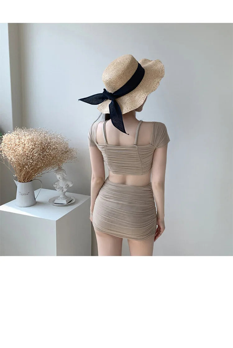 Bxoxo Korean Style Sexy Solid Swimsuit Two Pieces Women Bikini Set Push Up Swimsuit Beach Summer Pleated Swimwear Bikinis