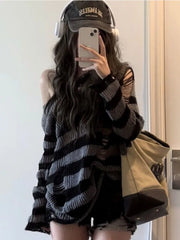 BXOXO Gothic Streetwear Striped Knitted Sweater Women Harajuku Punk Hollow Out Jumper Hole Loose All-match Tops Grunge E-girl