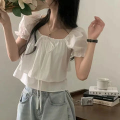 Bxoxo Summer New Sle Double Layered Chiffon irt with Bow Tie Bubble Sve Square Collar ort Sve Women's Faion Top