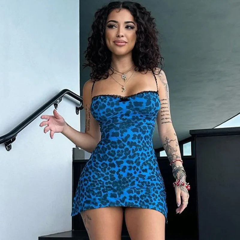 BXOXO Leopard Print Sleeveless Slit Mini Short Dresses Sexy Party Vacation Beach Fashion Summer Y2K Streetwear Casual Clothes
