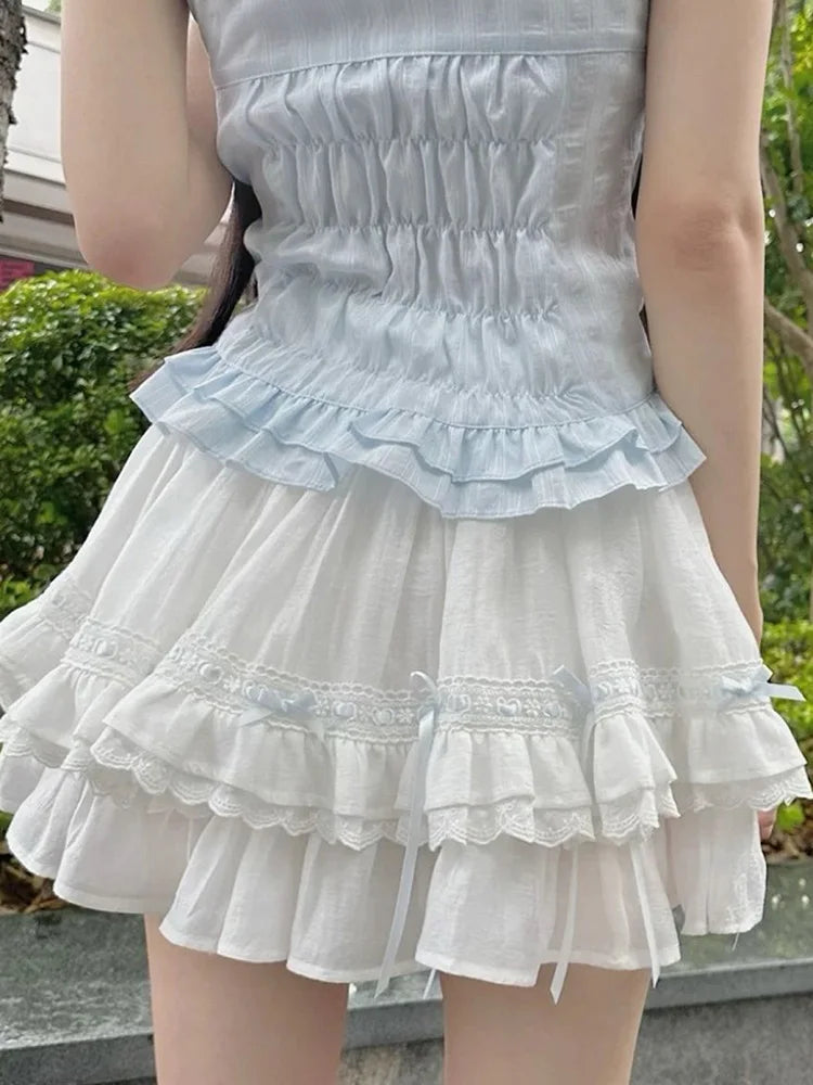 BXOXO Bow Sweet Women White Skirt Cute Casual Elegant High Waist Mini Skirts Vintage Preppy Style Kawaii Female Ball Gown Skirt