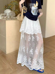 Bxoxo French Elegant Lace Midi Skirts Women Summer New Chic Patchwork Mesh Y2K Female High Waist Jacquard All Match A Line Skirts