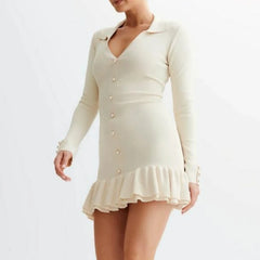 Bxoxo Elegant Black Knitted Mini Dresses Women Sweet V-neck Long Sleeve Party Dresses Sexy Bow Retro Ruffle Knitwear Dresses