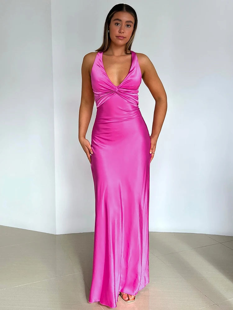 BXOXO  Satin Bow Backless Sexy Maxi Dress For Women Gown Fashion V Neck Sleeveless Club Party Evening Dress Elegant