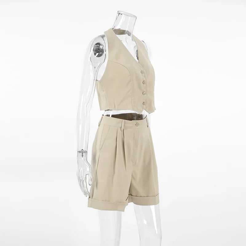 Bxoxo Spring Summer Women Office Shorts Suit Set Solid Khaki Sleeveless Halter Outfit 2 Piece Matching Sets For Women
