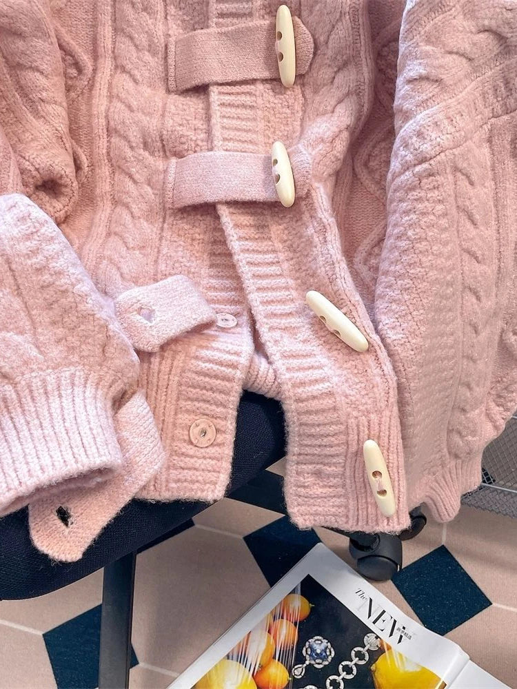 Bxoxo Preppy Style Sweet Pink Cardigan Sweaters Women Loose Long Sleeve Hooded Knitted Jacket Fall Winter Vintage Korean Cute Tops New