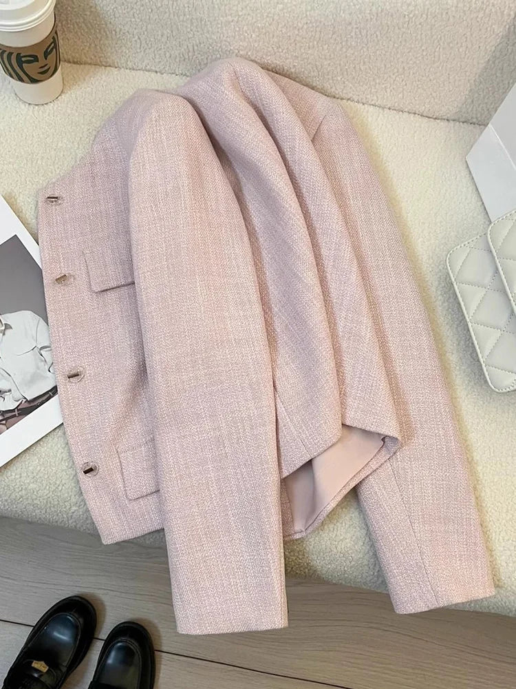Bxoxo Elegant Women Pink Blazer Coat Sweet Long Sleeve Fashion Slim Suit Jacket Korean Chic O Neck Female Fall Winter Casual Outwear