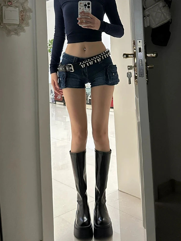 Bxoxo Woman Casual Hot Slim Pants Low Waist Jean Solid Color Wash shorts Goblin Denim Shorts Y2k Classical Sexy Gyaru Dark Academia