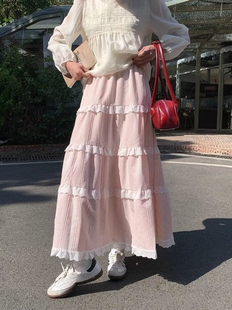 BXOXO Woman Skirts Sweet Lace Patchwork Stretch High Waist Loose Summer 2025 Fashion Plaid Cake Skirt Ladies Casual Chic