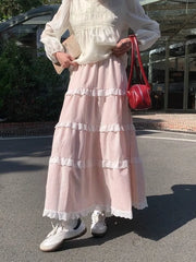 BXOXO Woman Skirts Sweet Lace Patchwork Stretch High Waist Loose Summer 2025 Fashion Plaid Cake Skirt Ladies Casual Chic
